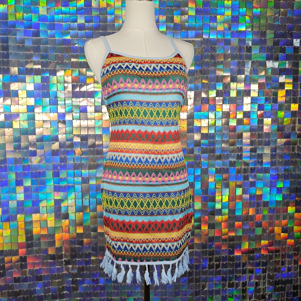Vacation‎ Mini Dress Womens L Multicolor Excellent Boho Fringe Tassel Knit Beach